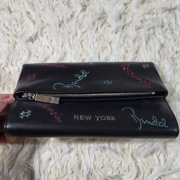 HENRI BENDEL Girls Nightout Embellished Bling Black Leather Chain Clutch - Picture 7 of 15